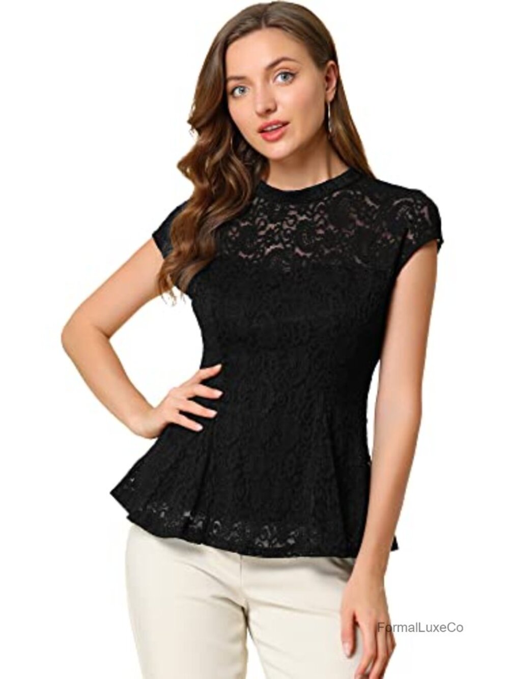 Allegra K Women's Peplum Lace Blouse Mock Neck Cap Sleeve Crochet Floral Top